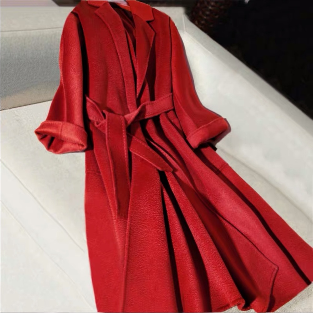 Red water wave handmade cashmere wool wrap coat